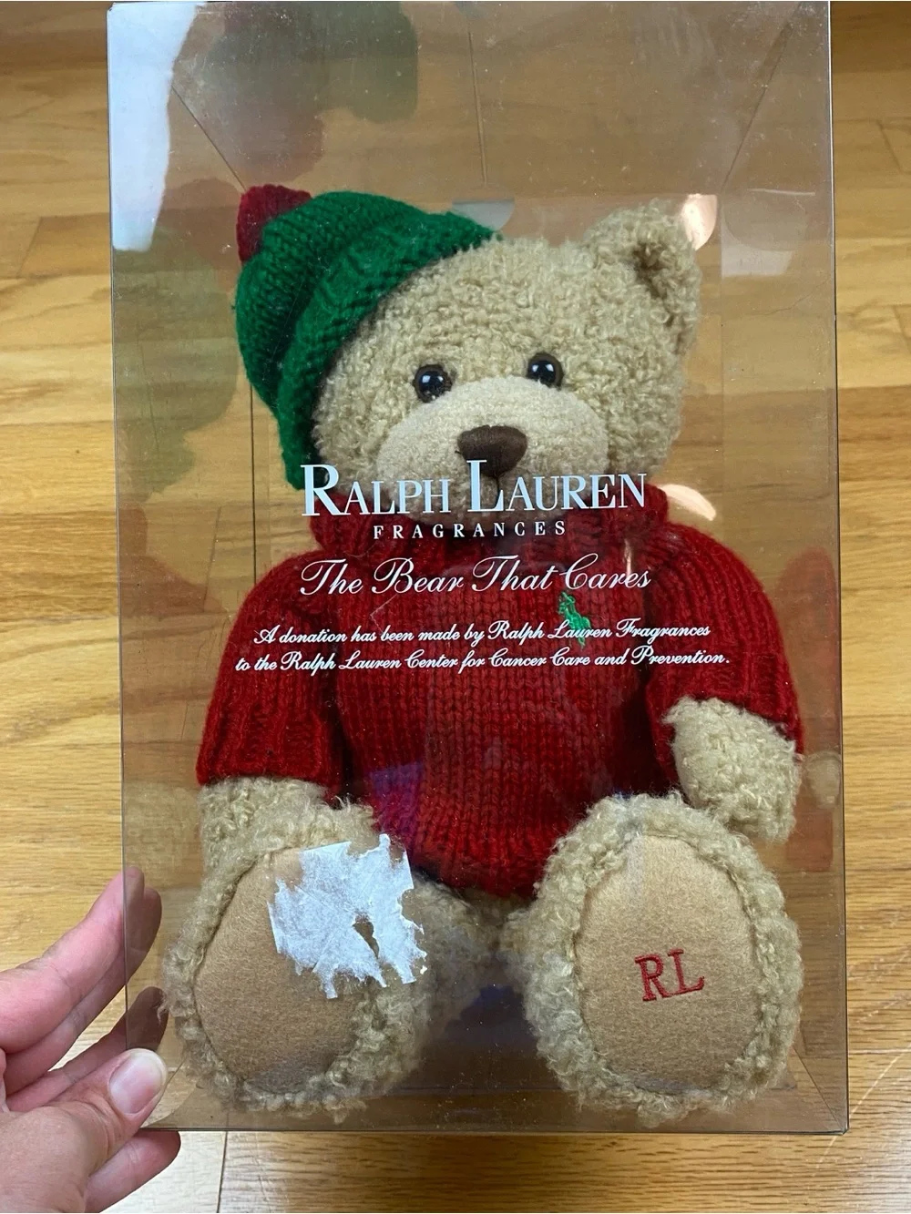 Vintage Polo Ralph Lauren Fragrance Plush Bear Red Sweater Green Knit Hat 2006